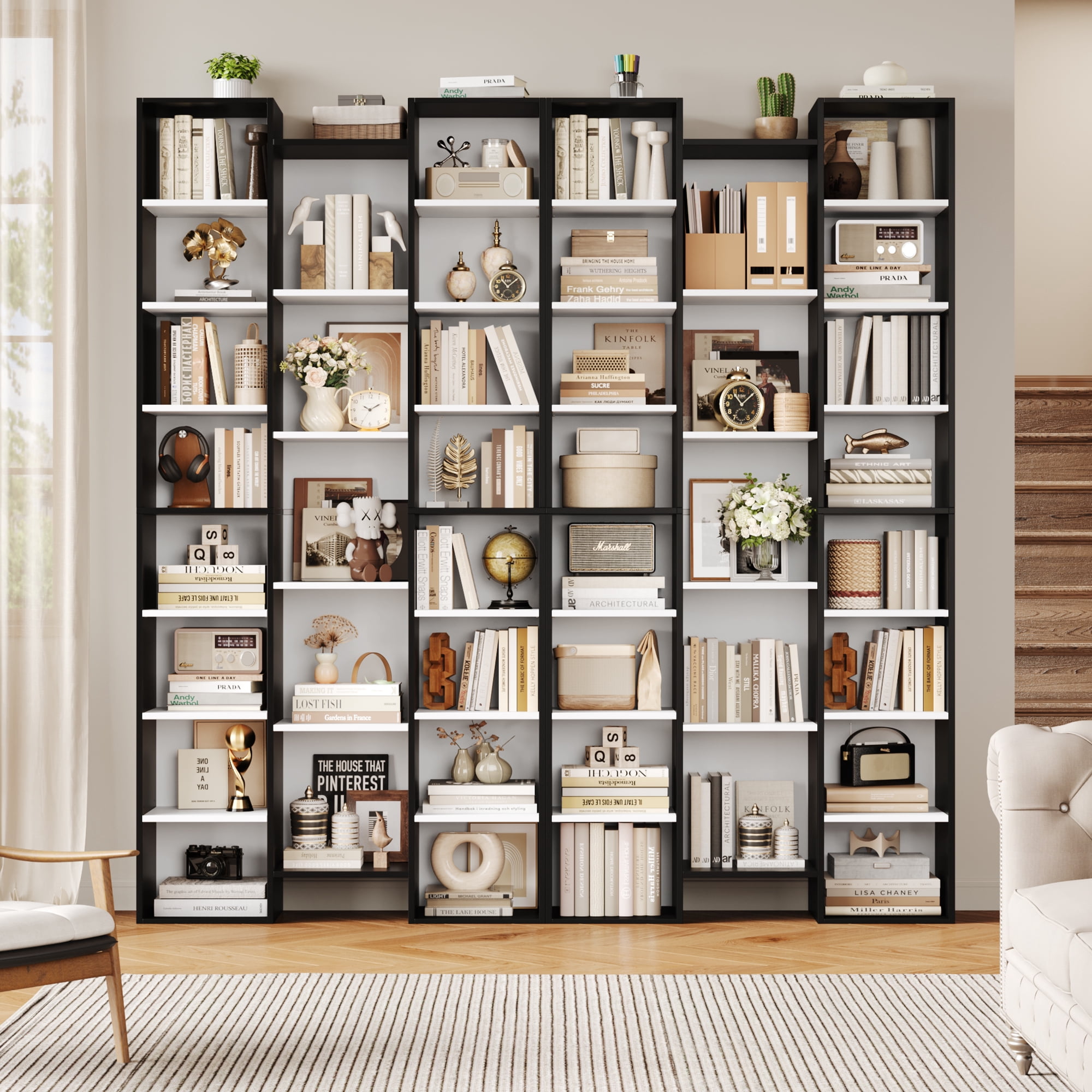 Homfa 21-Cube Bookcase, 71’’ Tall Wooden Bookshelves with Adjustable Shelves, Triple Wide CD Display Storage Organizer Shelf for Home Office, Black+White