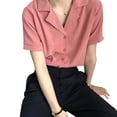 thumbnail image 3 of Camisa de mujer Verano de manga corta con cuello en V Botón suelta Top casual, rojo claro, L seitruly AP001363-15B, 3 of 7