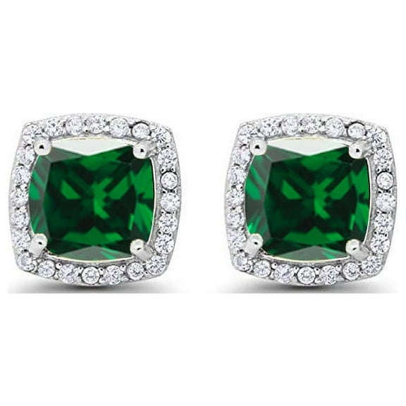 Paris Jewelry 18k White Gold 4 Ct Created Halo Princess Cut Emerald Stud Earrings Plated
