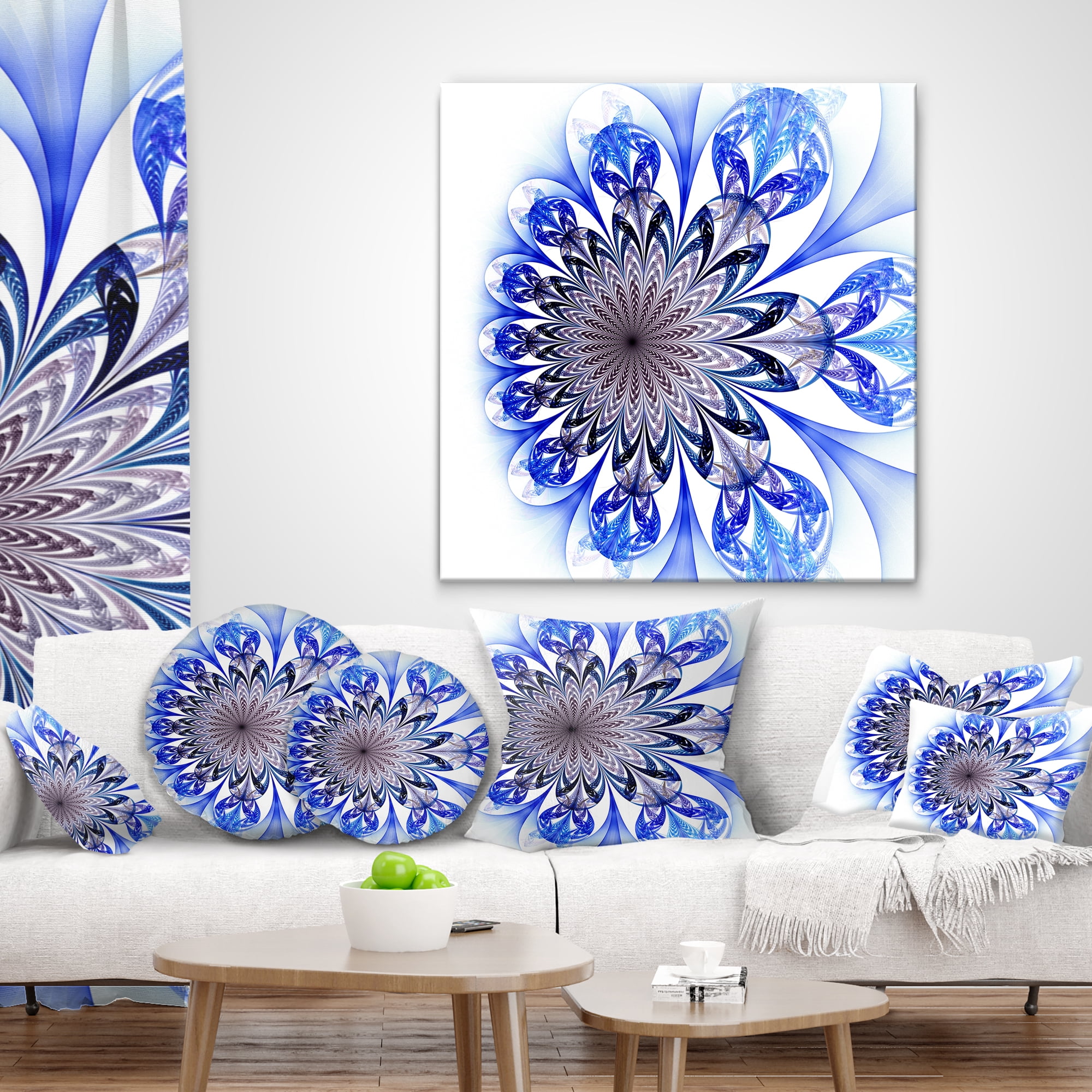 Designart Light Blue Fractal Flower Digital Art - Floral Throw Pillow - 16x16