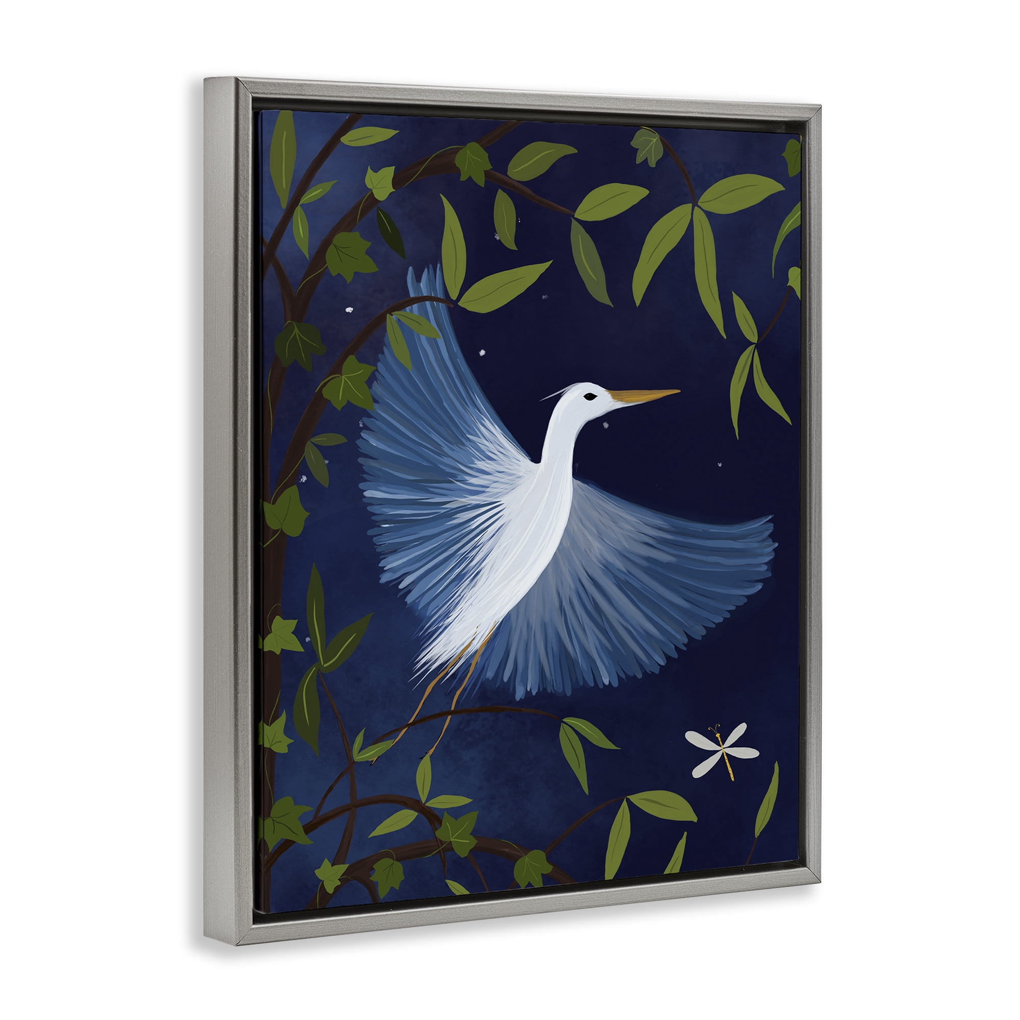 Stupell Industries Heron in Night Forest Animals Painting Gray Floater Framed Canvas Art Print Wall Art, 17 x 21