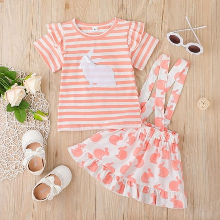

Toddler Baby Girls 6M-4Y Easter Striped T Shirt Tops Cartoon Rabbit Printed Suspenders Skirts Outfits