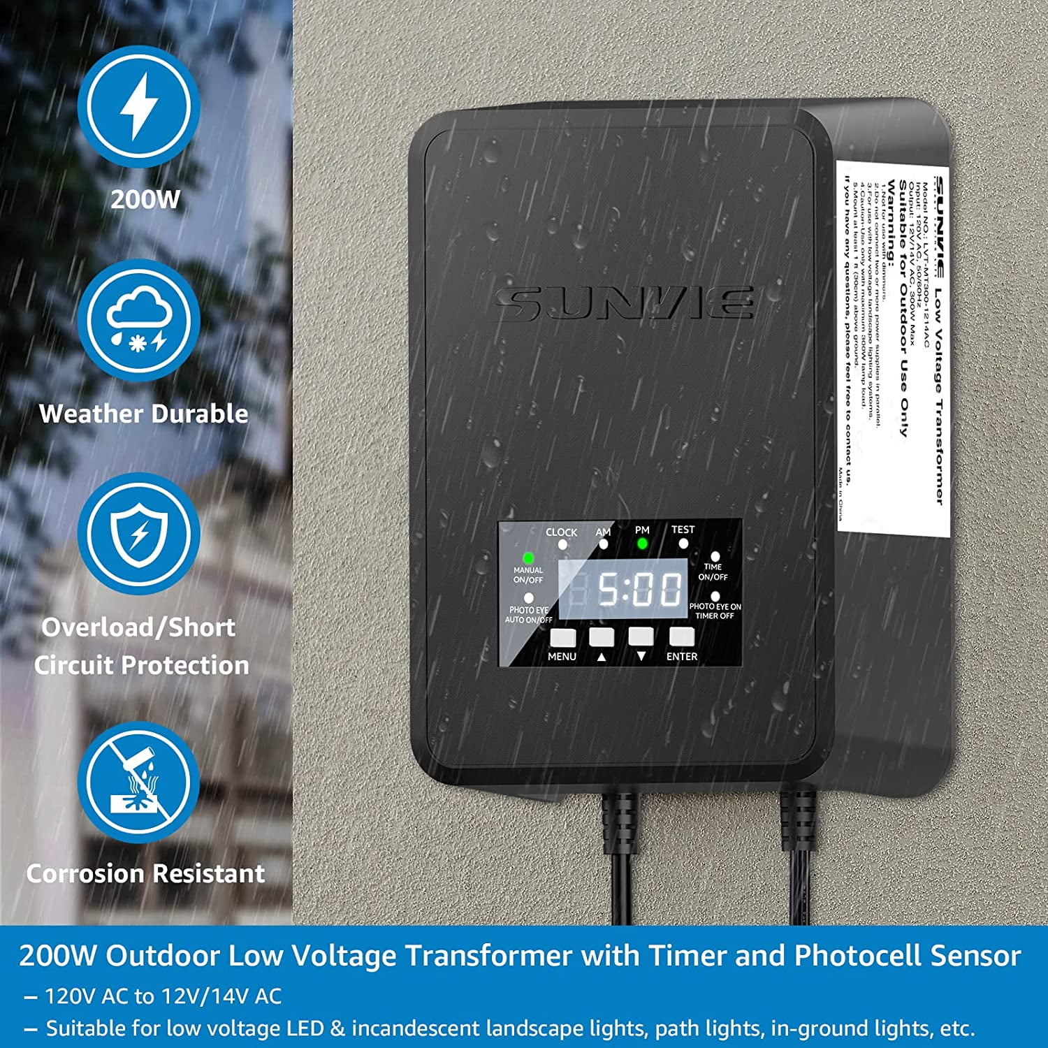 SUNVIE 200W Low Voltage Step Down Transformer for Outdoor Light with Timer and Photocell Sensor