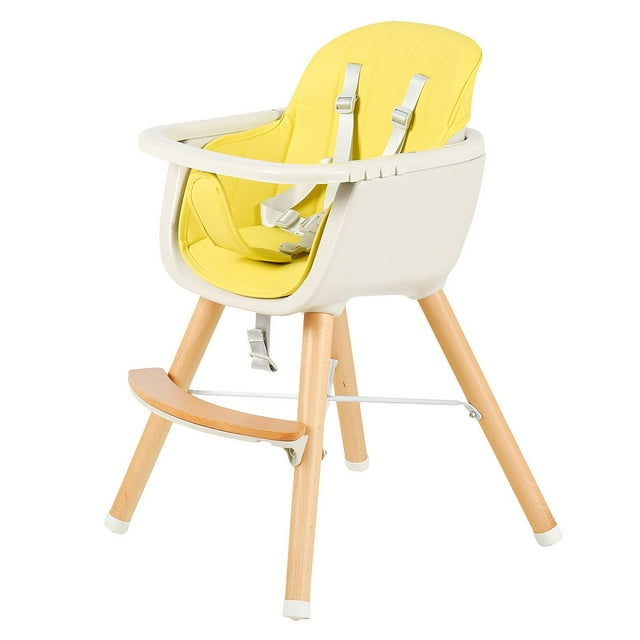 Chaise Haute pour Bébé 3 en 1 Convertible, Chaise de Salle à Manger pour Tout-Petit avec Plateau Alimentaire Réglable à 3 Positions, Harnais à 5 Points et Hauteur de Siège Réglable, Jaune