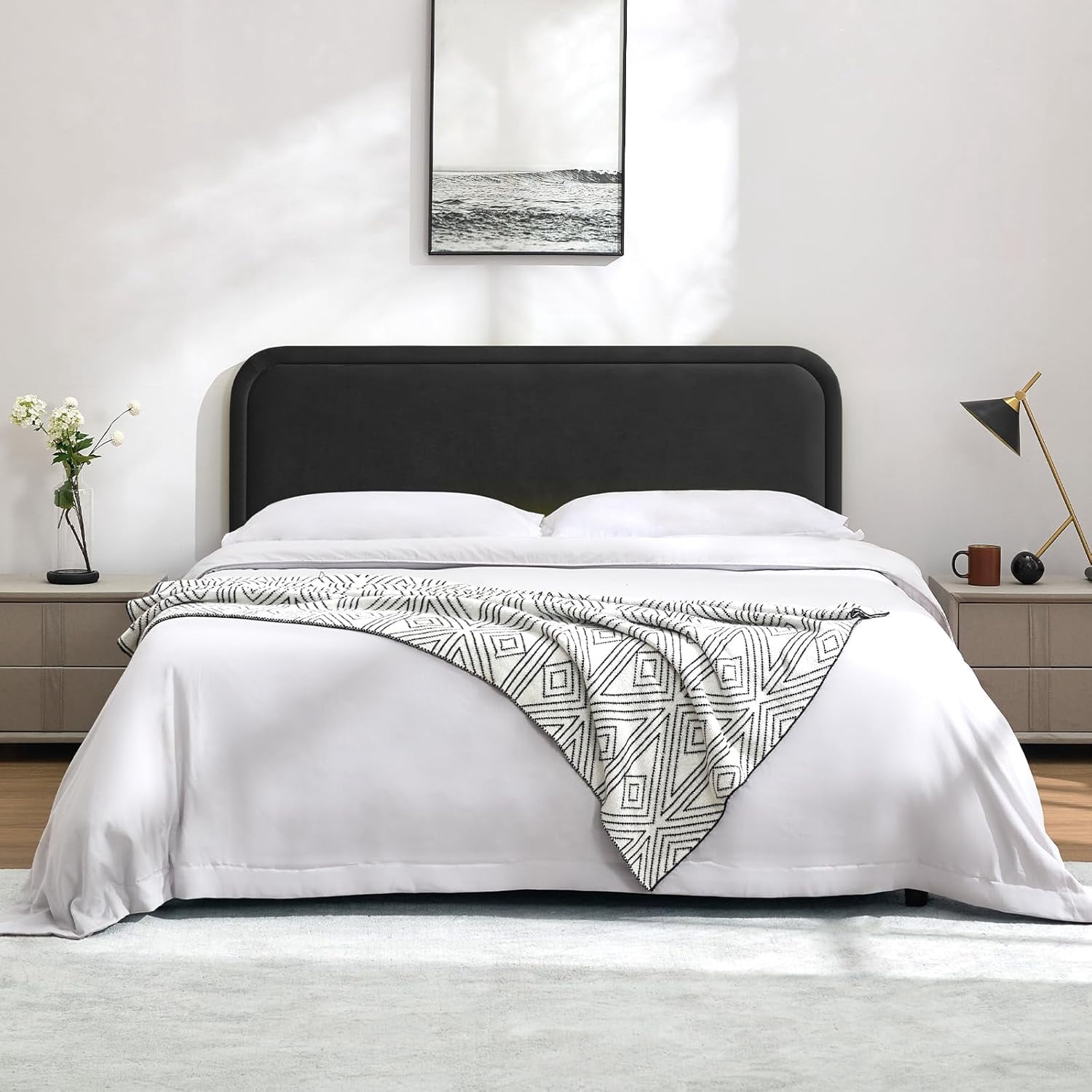 Velvet Headboard Queen, Upholstered Headboard Queen Size Only, Fabric Headboards with Durable Metal Legs from 41” to 49” Height, Sturdy and Durable Solid Wood Bed Head Board, Black