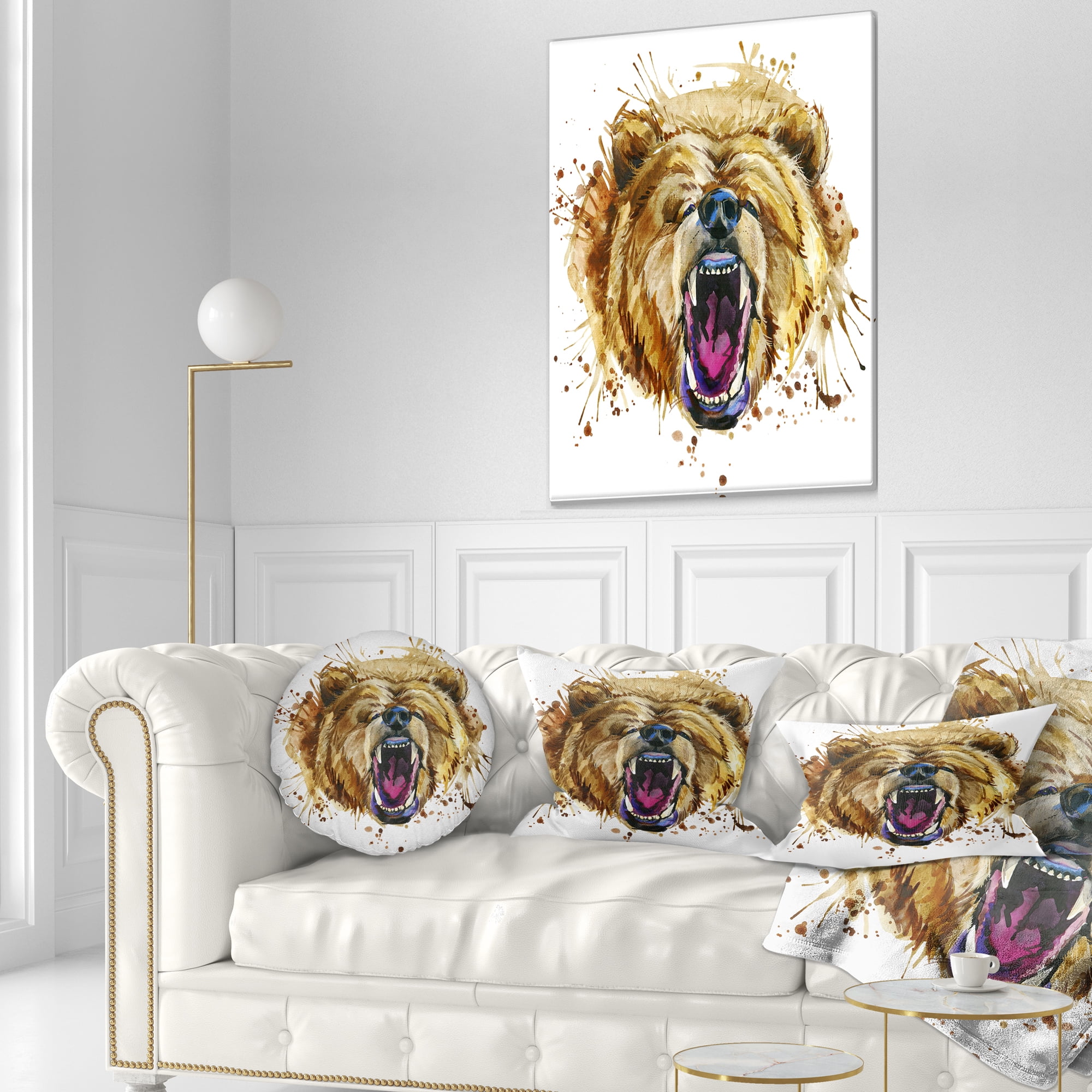 Designart Growling Grizzly Bear Watercolor - Abstract Throw Pillow - 12x20