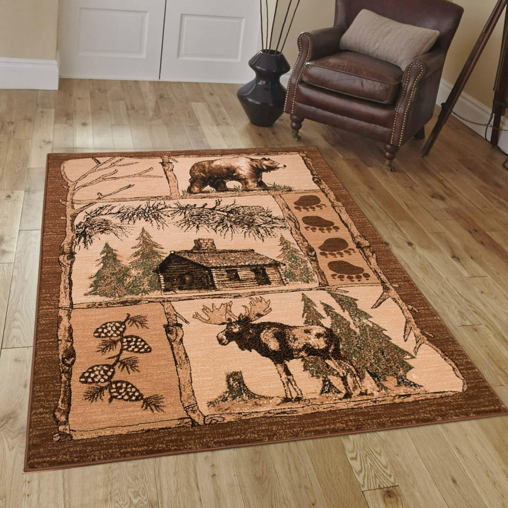 Brown Cabin with Moose and Bear Prints Acorns Tree Area Rug (7' 7" x 10
