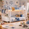 thumbnail image 2 of Zimtown Twin-over-Twin Bunk Bed with Storage Drawer and LED light, Low Profile Bed Frame with Charging Station, White, 2 of 9