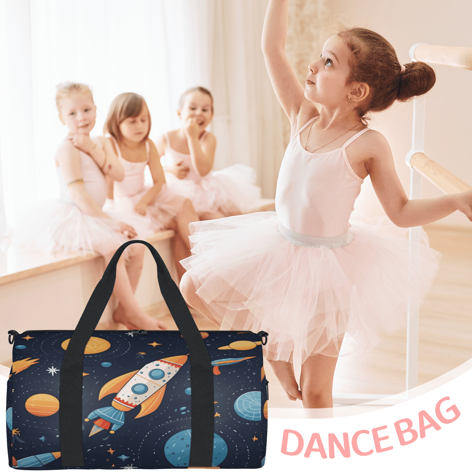 Herdesigns Space Rocket Galaxy Travel Duffle Bag Sports Yoga Weekender Overnight Carry on Workout Bags Lightweight Waterproof Gym Tote Bag for Women
