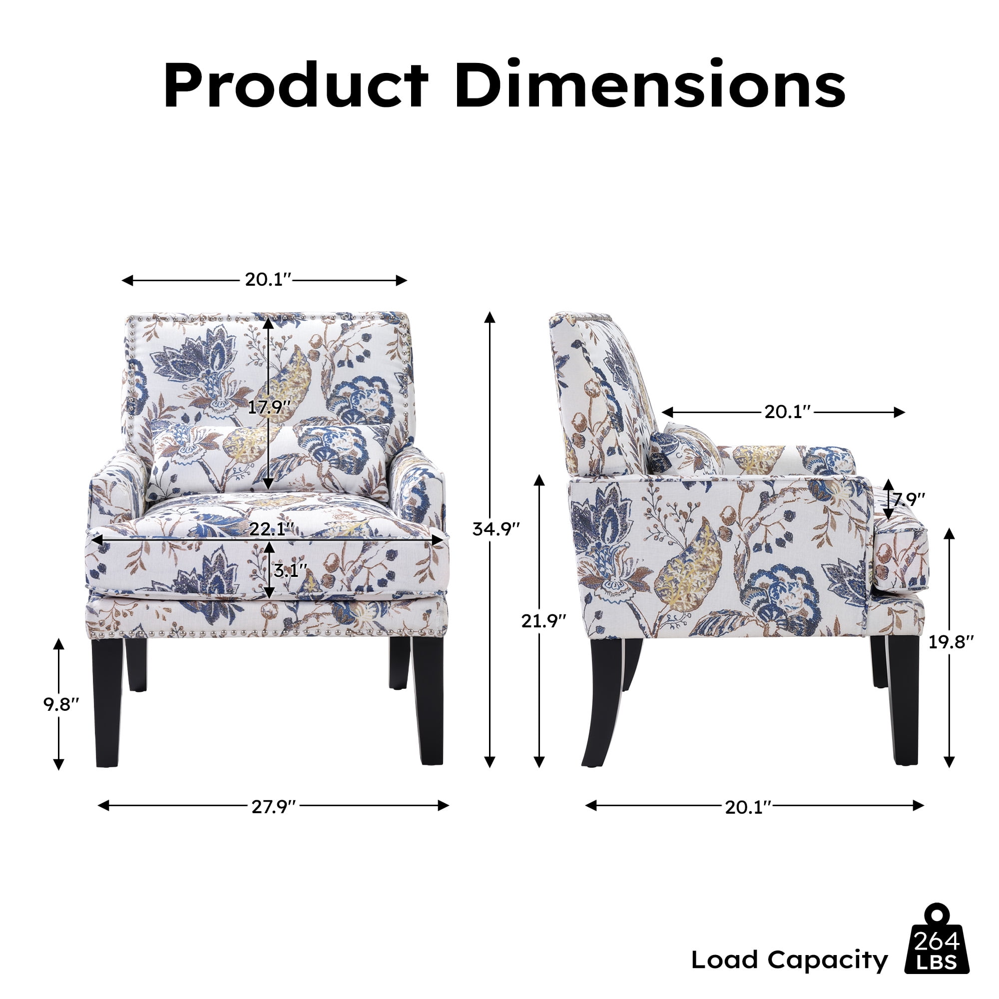 Bonzy Home Modern Floral Print Accent Chair with Arms and Wooden Legs, 2-Pack Mid‑Century High‑Back Wing Chair with Padded Armrests & Cushioned Seat for Living Room, Blue Yellow Floral