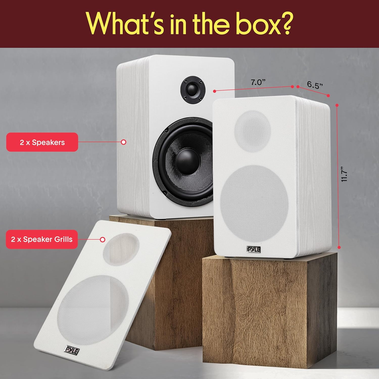 Pyle 6.5” Bookshelf Speakers – Pair of Wired Home Theater Speakers with Wall Mount Brackets, 2-Way HiFi Design with Fiberglass Cone & Soft Dome Tweeter, Compact Size 11.7” x 7” x 6.5”, White