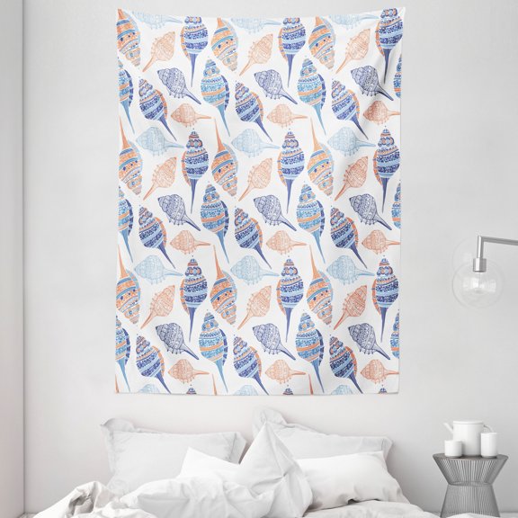 Ocean Tapestry, Marine Life Themed Abstract Seashells Scallops With Bohemic Prints, Wall Hanging for Bedroom Living Room Dorm Decor, 60W X 80L Inches, Marigold Navy Blue and Blue, by Ambesonne