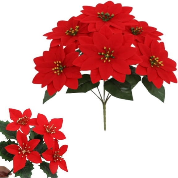 1/5Pcs Faux Poinsettia, 1 stem with 7 flowers, Mixed Fake Red Silk Flowers with UV Resistant for Home Garden Porch Patio Indoor Outdoor Decor