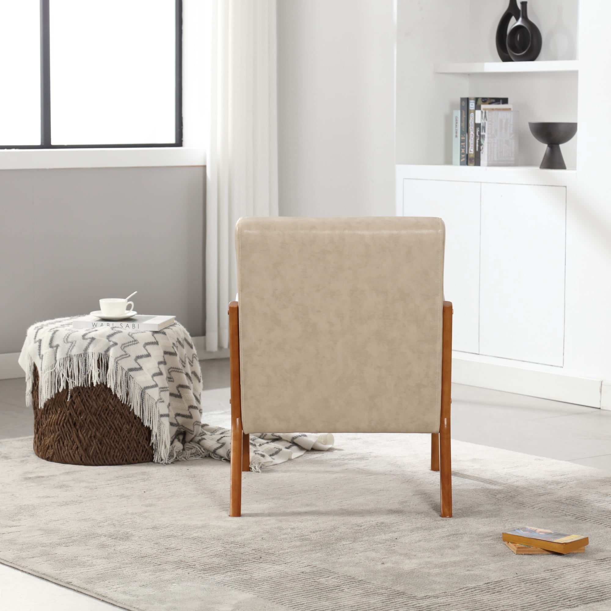 Miniyam Modern PU Leather Accent Chair, Solid Wood Lounge Reading Armchair With One Pillow for Living Room, Bedroom, Guest Room, Khaki