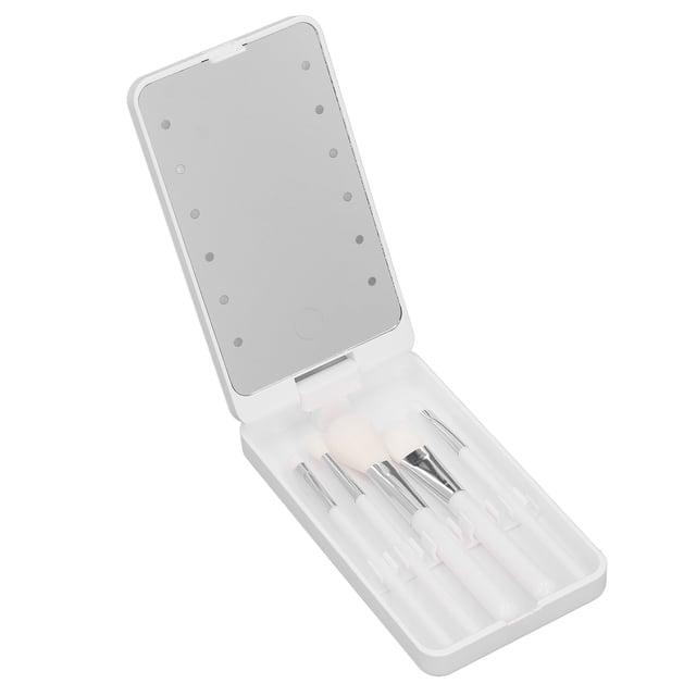 Makeup Brush Organizer Mirror, Portable Mirrored LED Lighted Makeup Mirror with Brush Storage Box, Compact LED Makeup Mirror with Rechargeable Battery for Travel