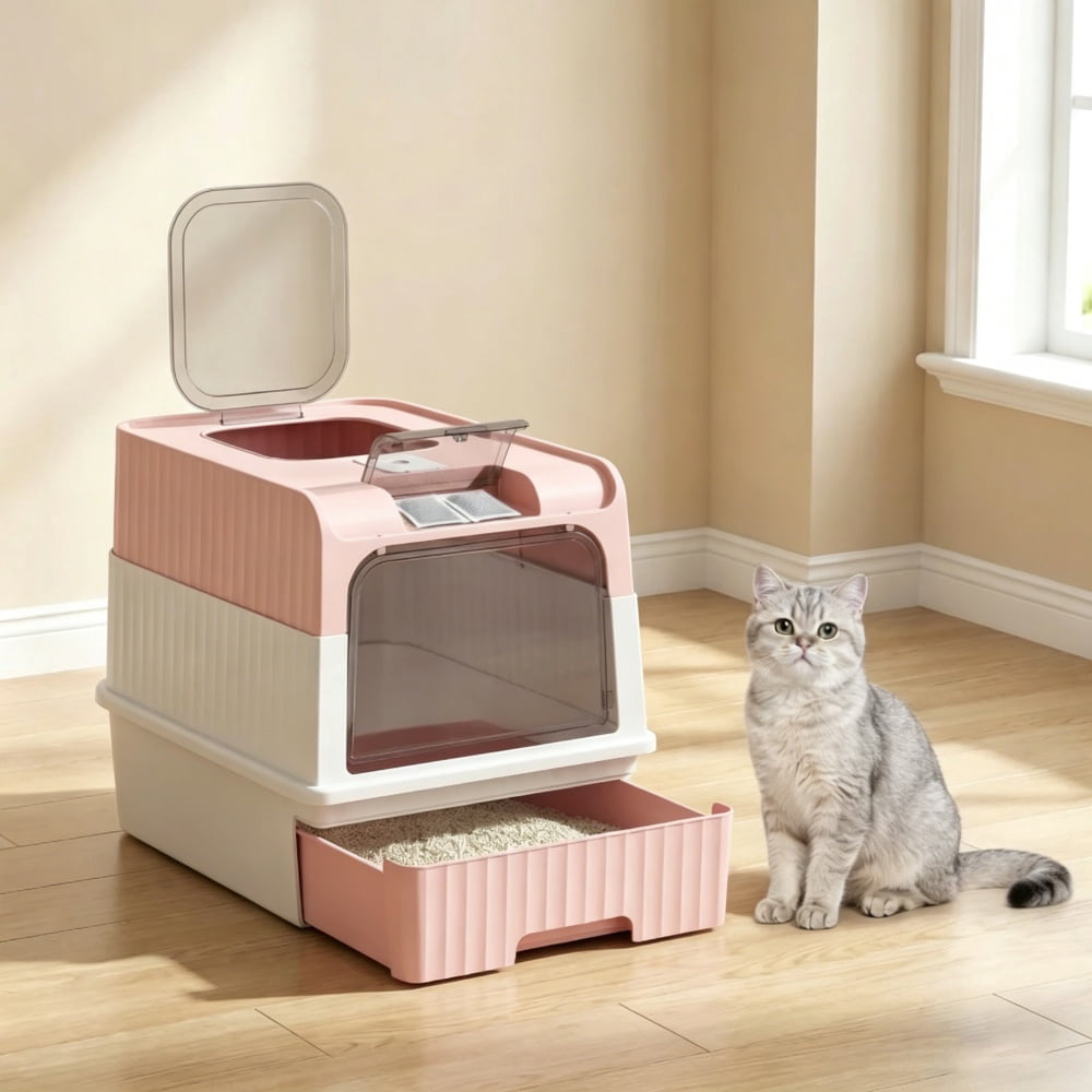 ZephyPaws Upgraded Fully Enclosed Cat Litter Box with Lid,Covered Cat Box Enclosure,Anti-Splashing Easy to Clean Kitty Litter Boxes with Drawer, can Use from Kitten to Adult(White Pink)