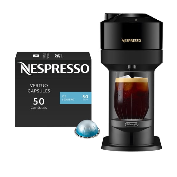 Nespresso Vertuo Next Coffee and Espresso Maker, Glossy Black, with Nespresso Vertuo Coffee Ice Leggero 50 Count Bundle