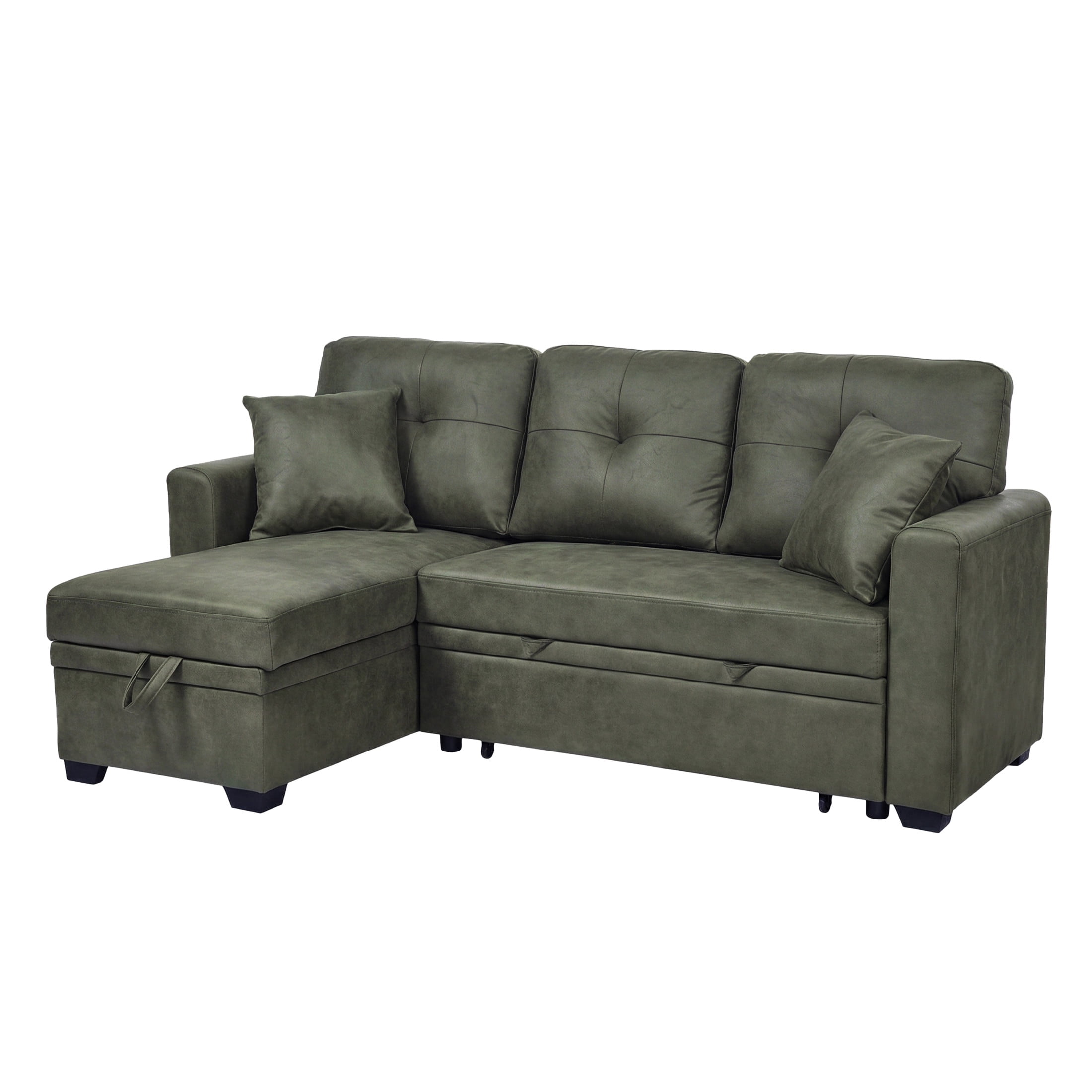 Noble House Sleeper Sectional Sofa with Pull-Out Bed, Reversible Storage Chaise, Foil Fabric, Olive Green