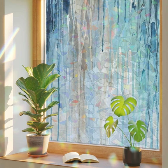 Abstract Rain Window Privacy Film, Modern Teal Beige Blue Ocean Waves Water Drops Stained Glass Rainbow Film Decorative Window Clings, Static Cling Sun Blocking Stickers 23.6" x 59"