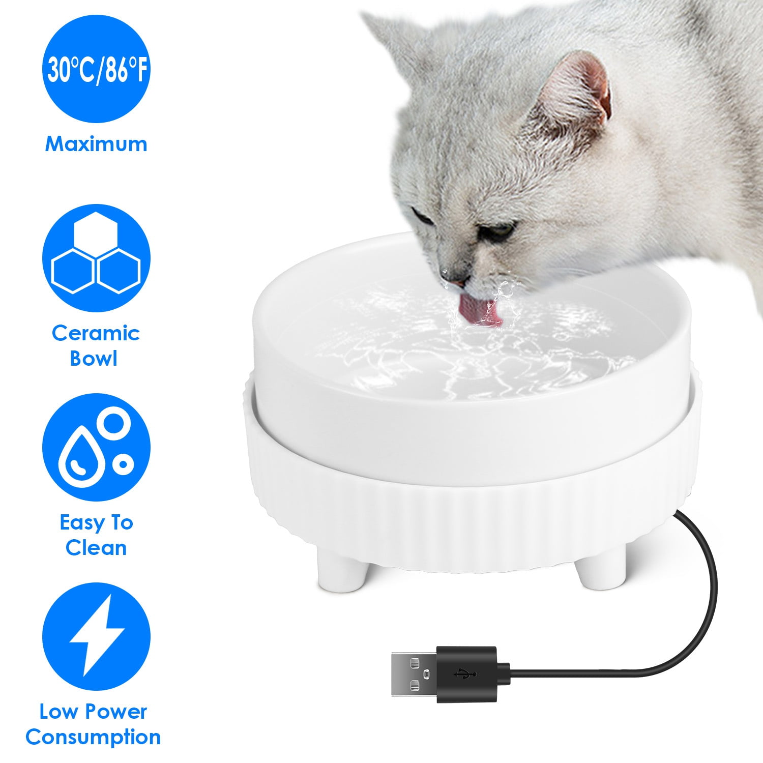 Teqhome Thermal Pet Bowl Heated Water Bowl for Dogs Cats USB Powered Heated Bowl for Drinkable Water and Hot Food in Winter with 1 12oz Ceramic Bowl White