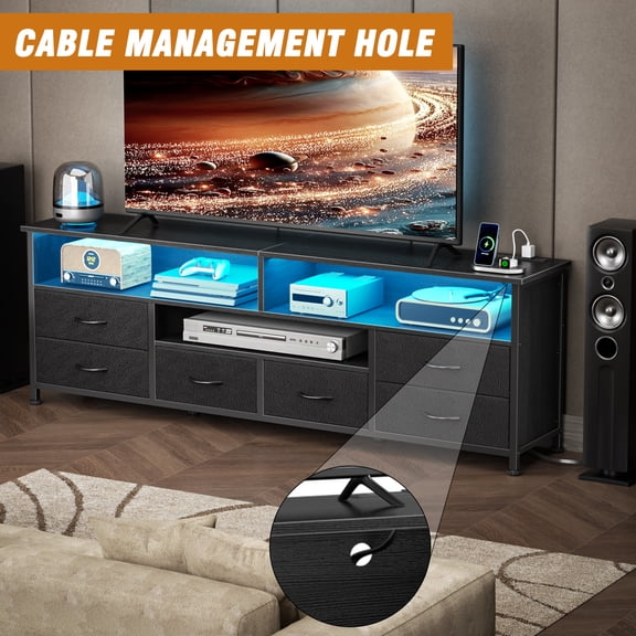 Tydimor Modern TV Stand for TVs up to 55", Media Console with 6 Drawers for Living Room, Entertainment Center with LED lights and Power Outlets, Black