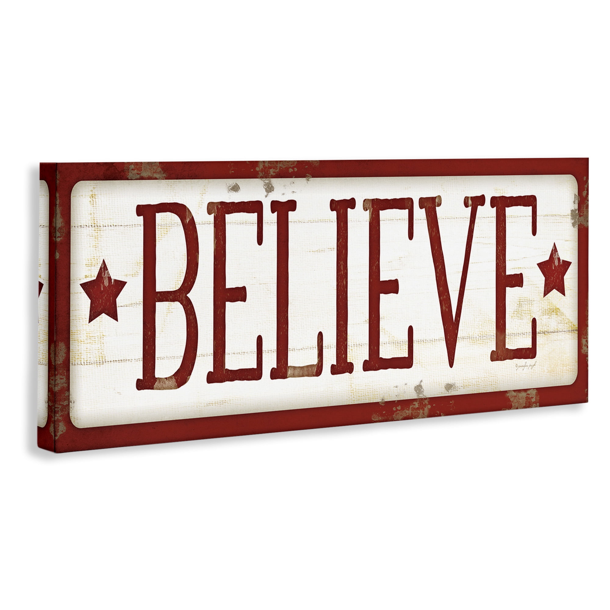 Stupell Industries Believe Red Christmas Phrase Holiday Painting Gallery Wrapped Canvas Art Print Wall Art, 30 x 13