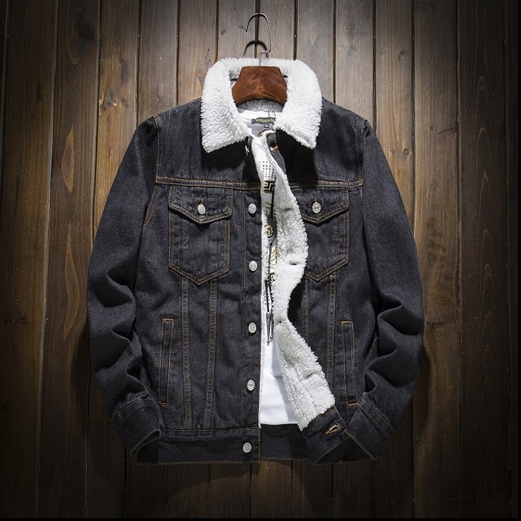 Mnycxen Mens Autumn Winter Add Wool Casual Vintage Wash Distressed Denim Jacket Coat - image 2 of 5