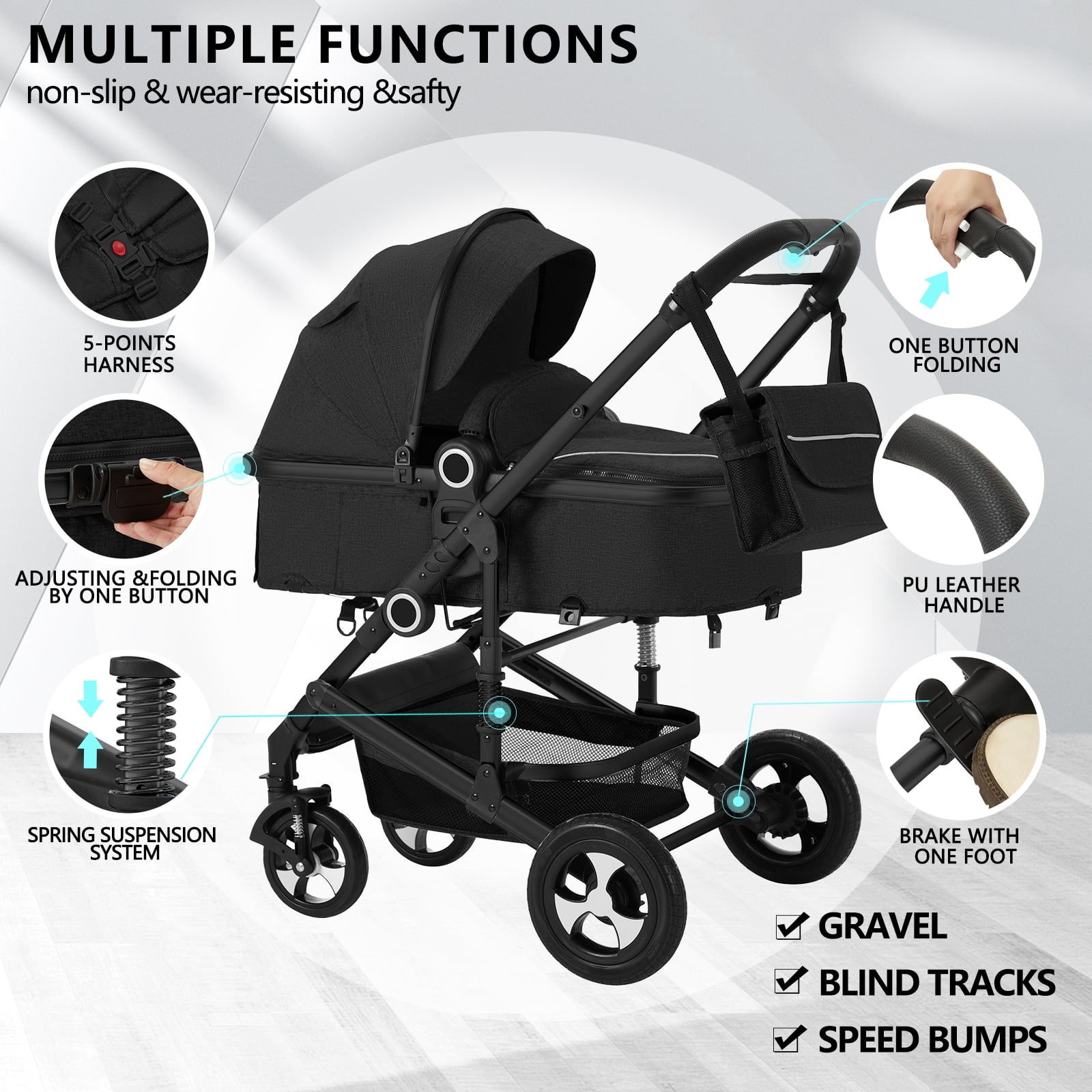 AILEEKISS 2 in 1 Convertible Baby Stroller Unisex Folding Infant Newborn Bassinet Pram Black Walmart