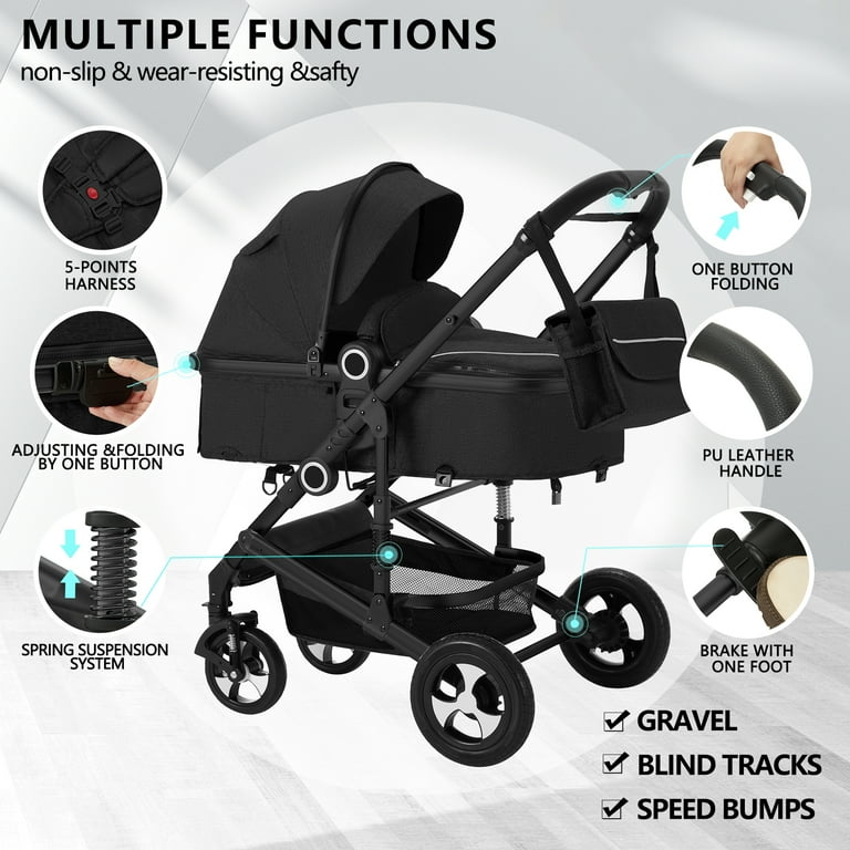 Aileekiss 2 in 1 Convertible Baby Stroller Unisex Folding Infant Newborn Bassinet Pram Black