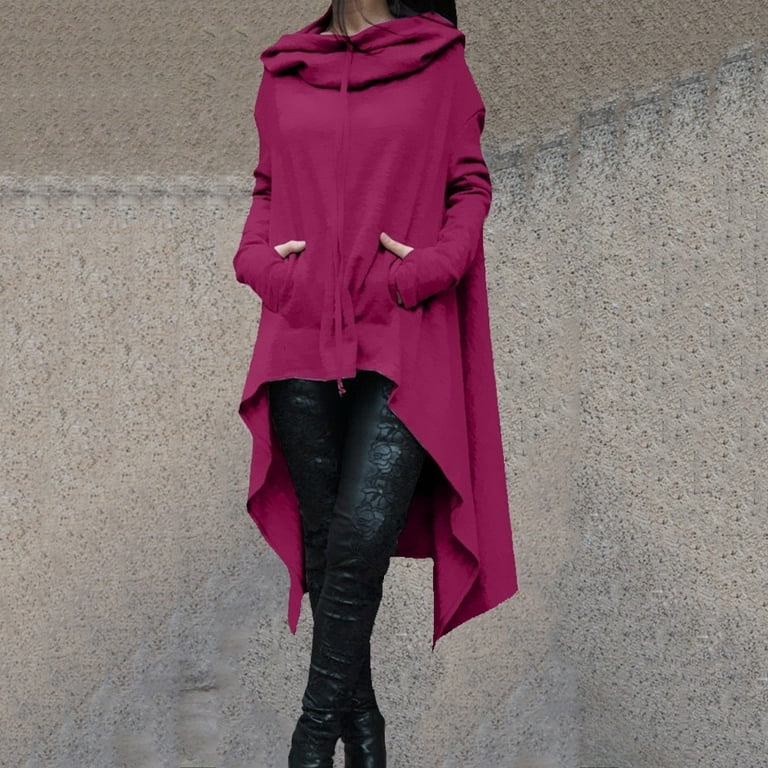 Womens Retro Long Hoodie Asymmetrical High Low Hem Full Sleeve Cowl Hooded Neck Drawstring Loose Sweatshirt Outwear X Large Hot Pink Walmart