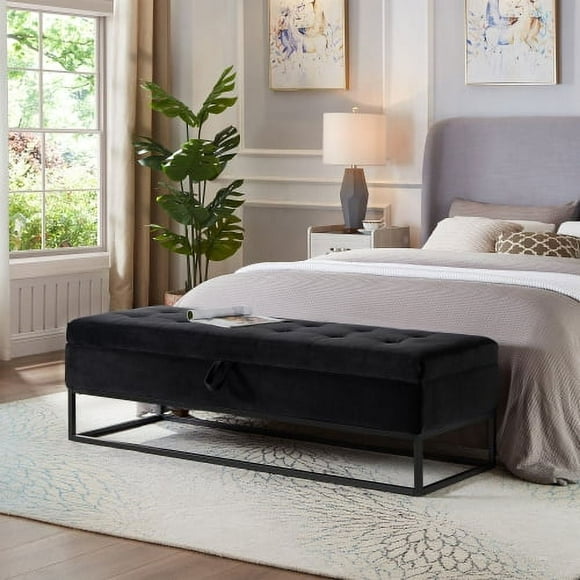 Velvet Storage Bed Bench with Metal Base, Black