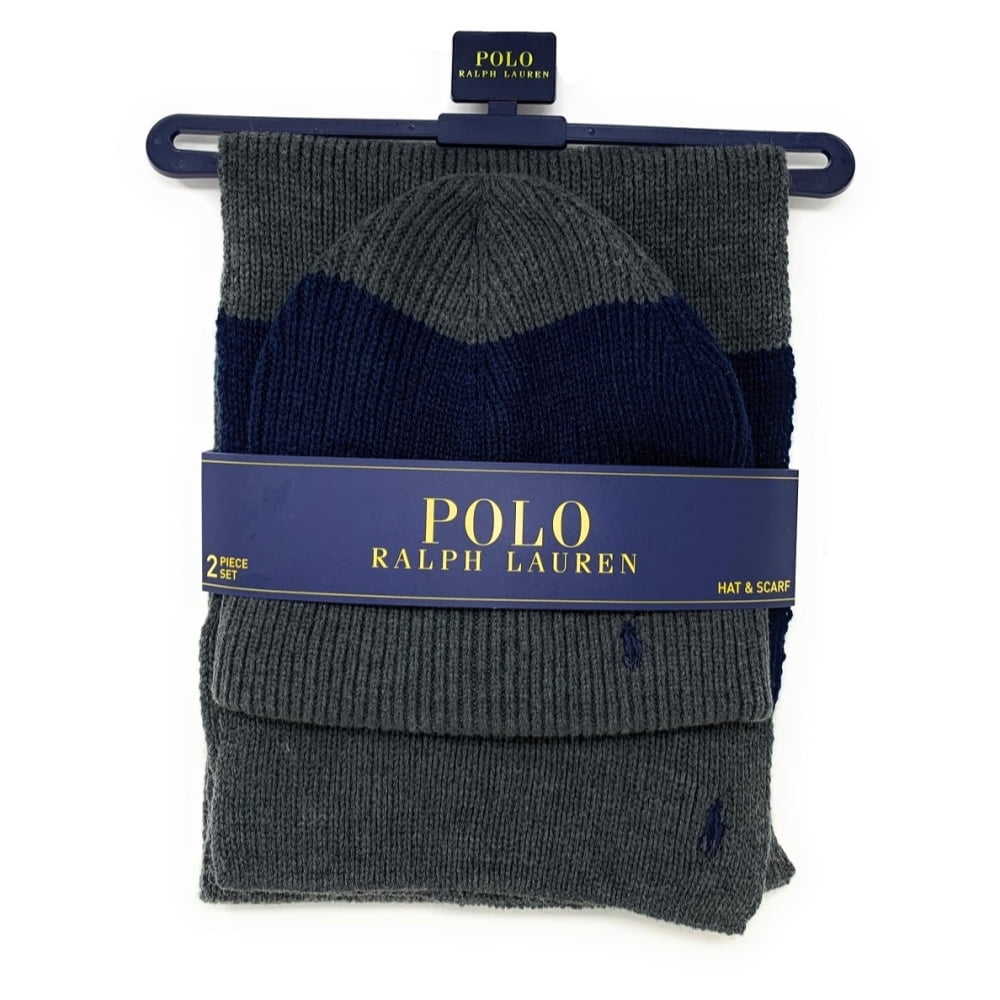 Polo Ralph Lauren Men's 2 Piece Set Hat & Scarf, Navy/Grey 