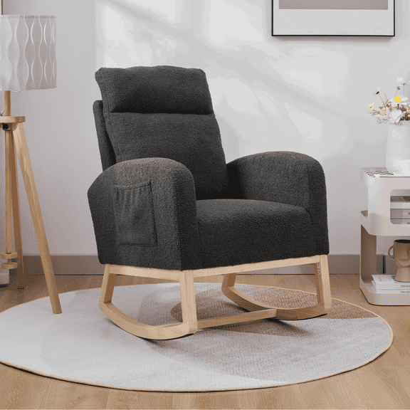 Yardi Yarda Modern Accent Rocking Chair with High Backrest, Rocking Chair with Solid Wood Legs, Upholstered Nursery Glider Rocker, Comfy Armchair with Side Pocket, Dark Grey