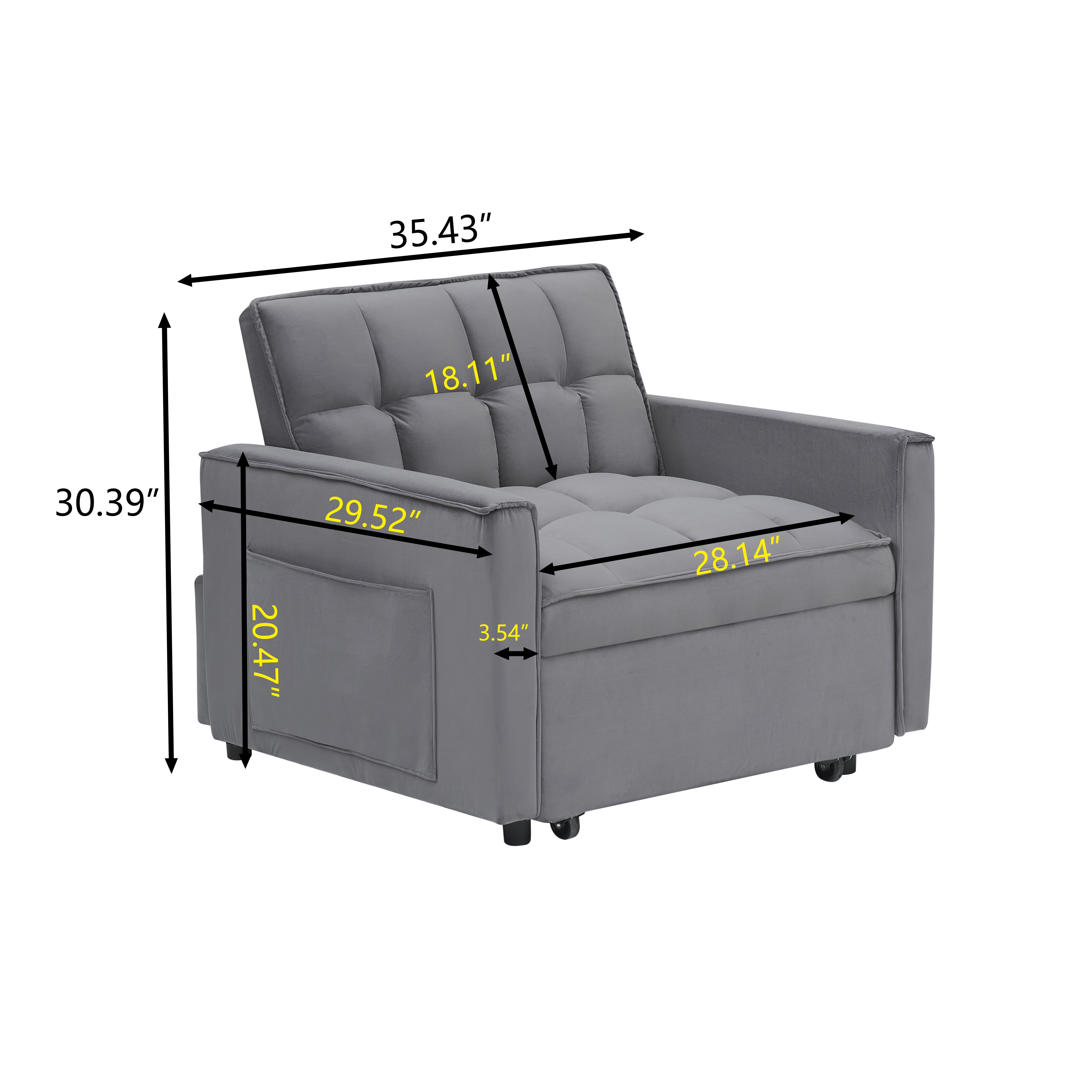MAYEERTY 3 In 1 Convertible Sofa Bed, 25" Velvet Single Sofa with Adjustable Black, Suitable For Small Spaces, Dark Gray