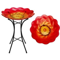 G128 19 Inch Height Glass Bird Baths with Metal Stand | Decorative Red BirdBaths Bowl Outdoor Garden Bird Feeder