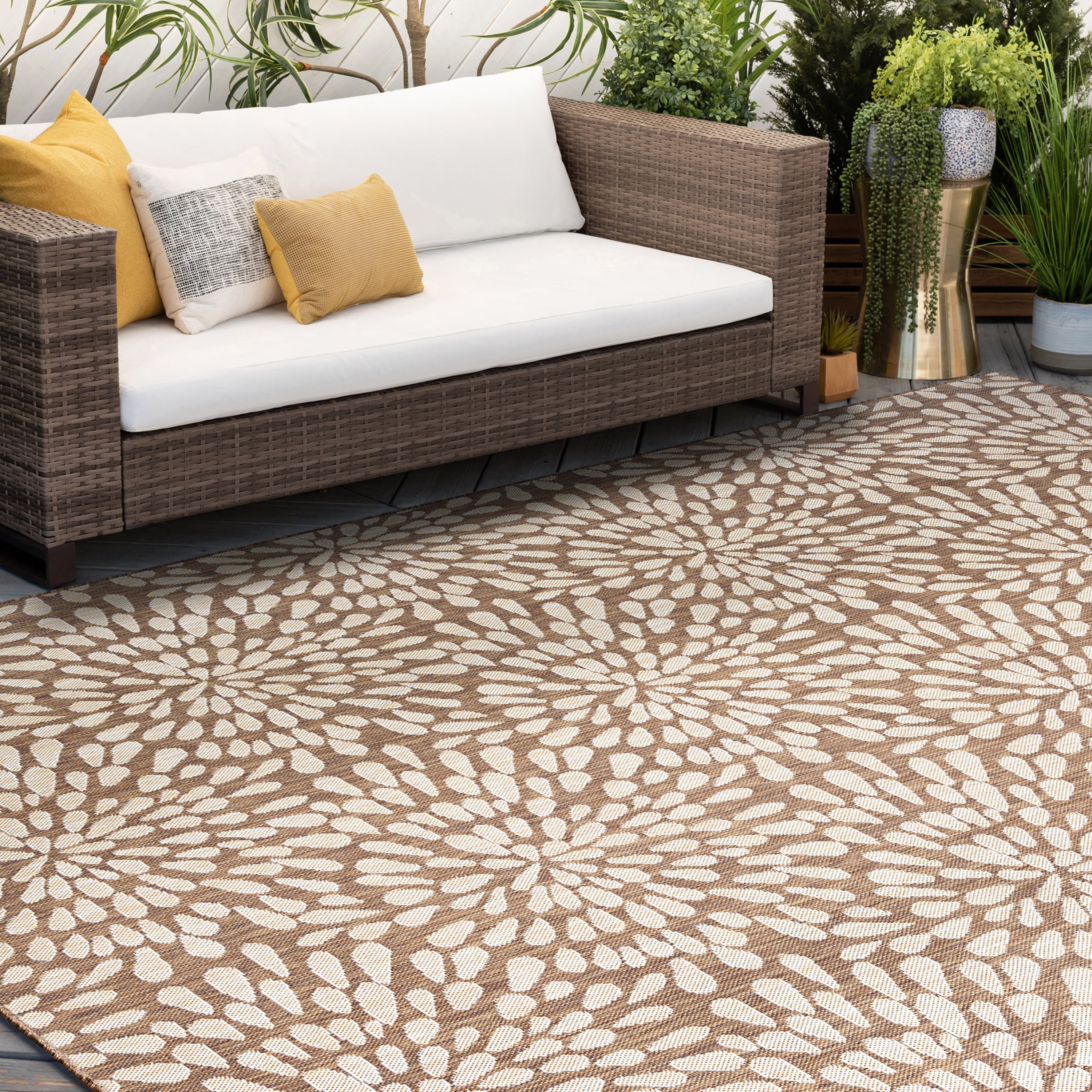 2x3 Water Resistant, Small Indoor Outdoor Rugs for Patios, Front Door Entry, Entryway, Deck, Porch, Balcony | Outside Area Rug for Patio | Brown, Floral | Size: 2' x 3'