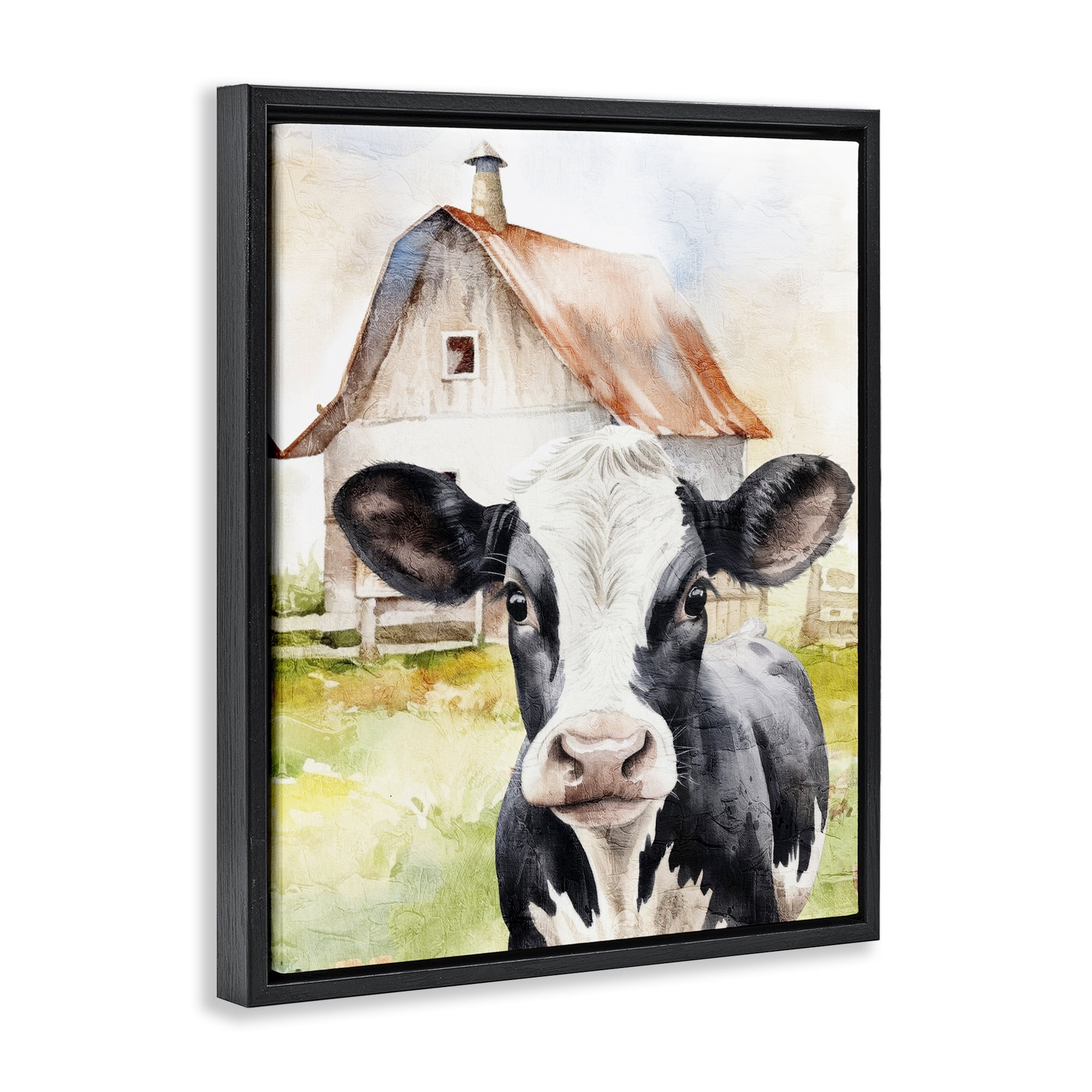 Stupell Industries Cow Little at Farm Animals Painting Black Floater Framed Canvas Art Print Wall Art, 25 x 31