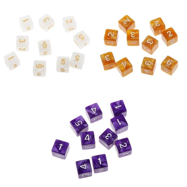 Paquete de 30 dados D6 de 6 caras para juegos de mesa familiares DND RPG TRPG MTG Morado Café Blanco