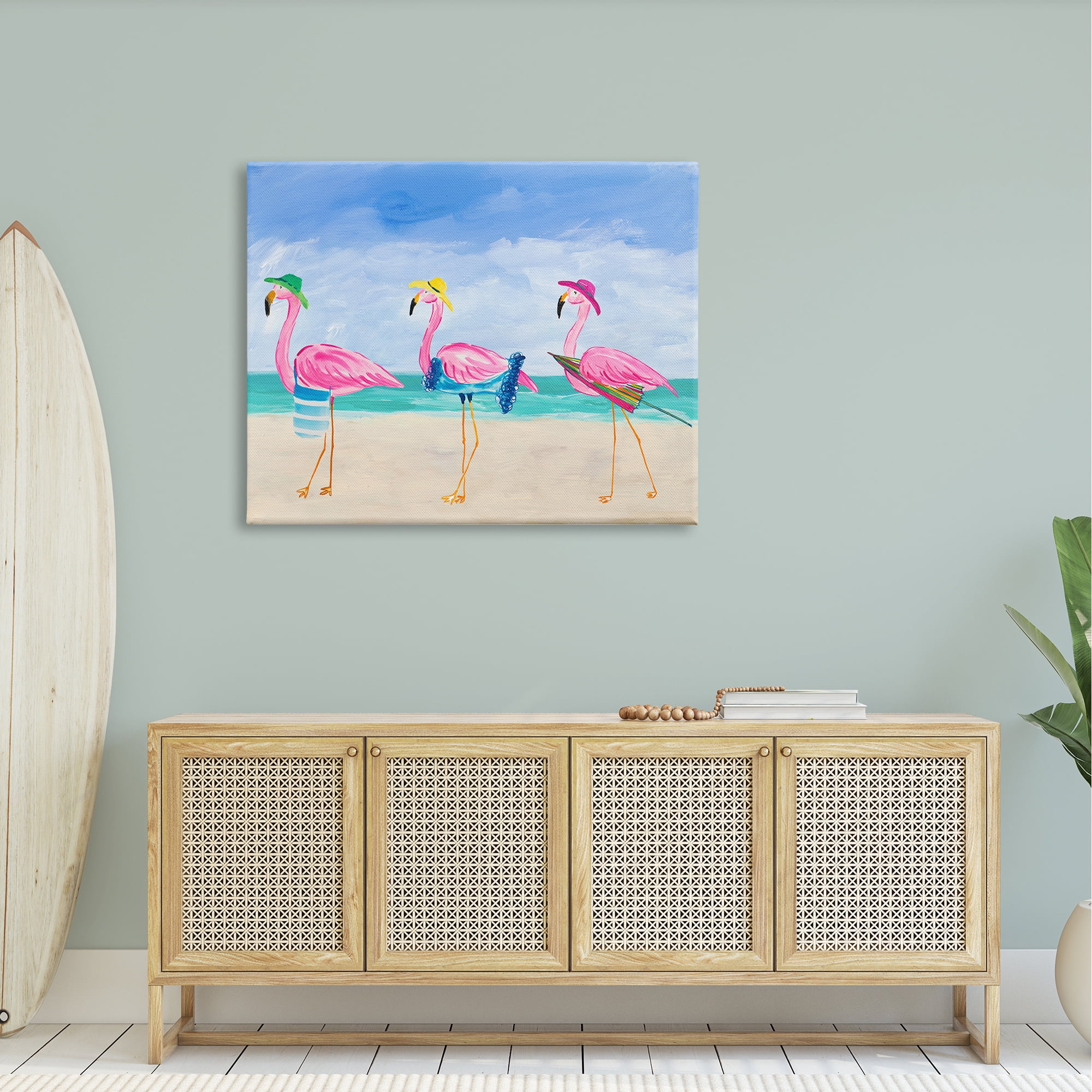 Stupell Industries Cute Pink Flamingos Beach Attire Strolling Coast Illustration , 48 x 36, Design by Julie Derice