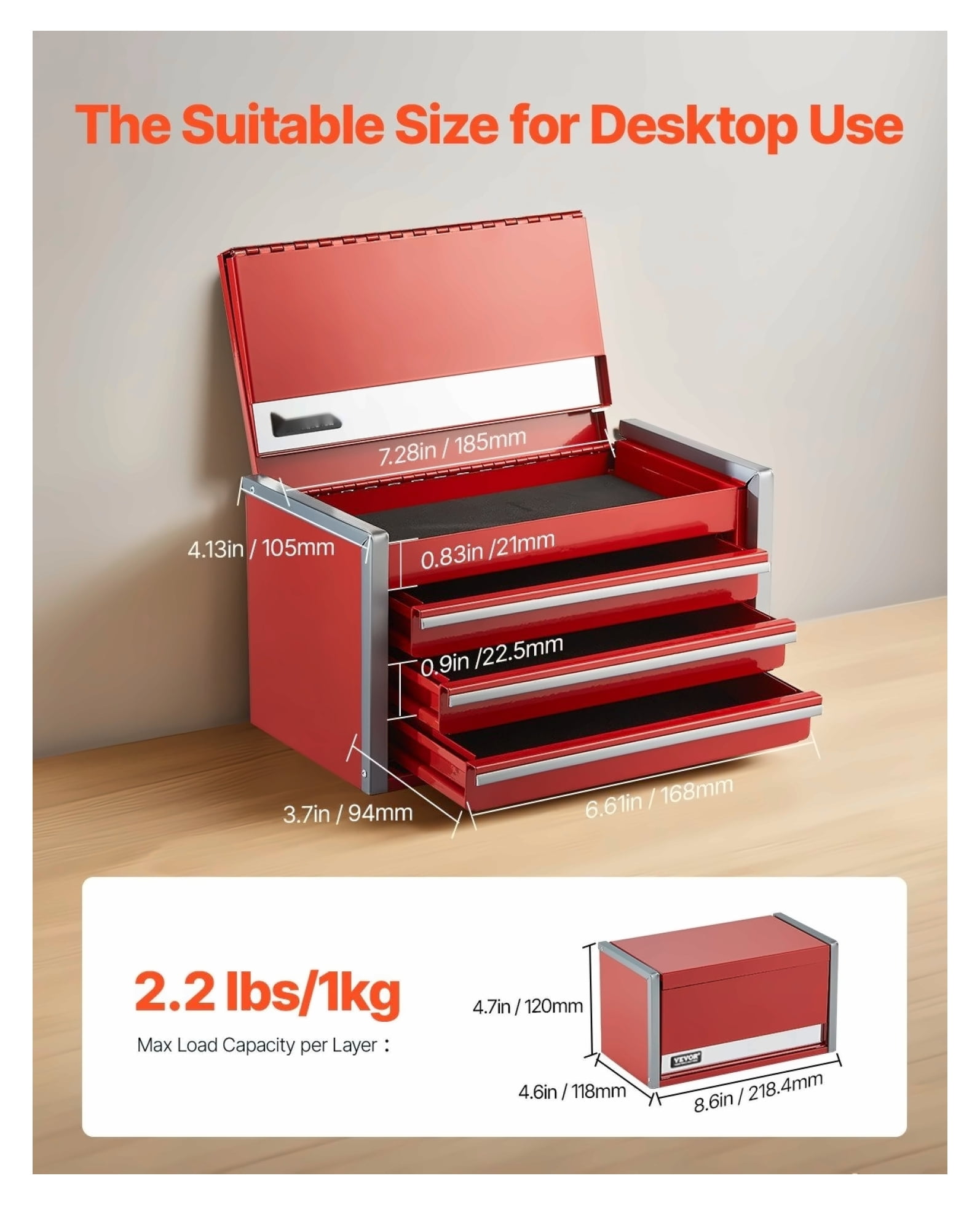 Metal Tool Box 8.6-inch, 3 Drawer Portable Tool Organizer, Small Steel Toolbox with Lock, Red