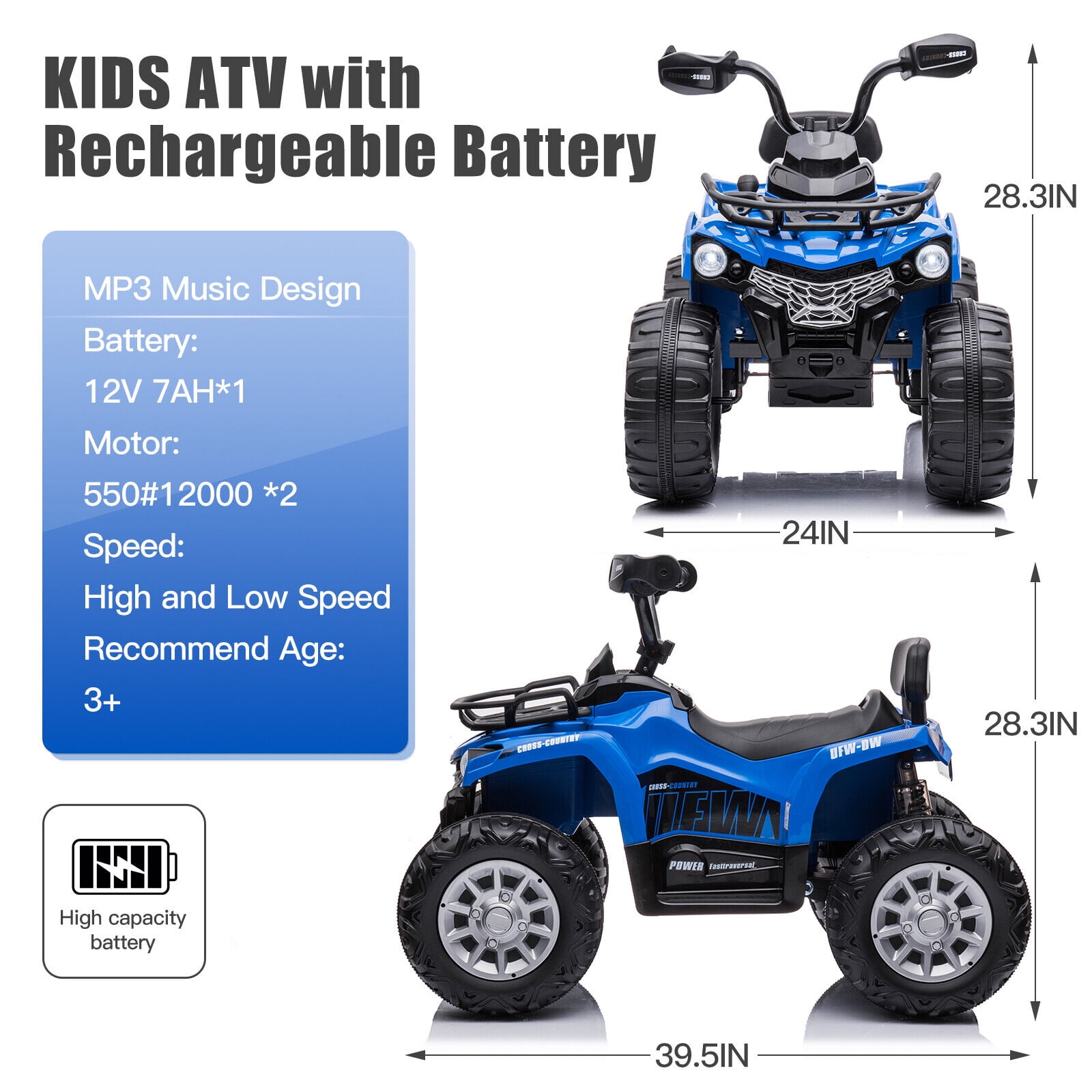 Lohoms 12V 4-Wheeler Kids Ride On Car ATV, Electric 12V Rechargeable Battery Powered Kid's Quad Car Toys, With LED Lights Music USB, 2 Speed, Blue