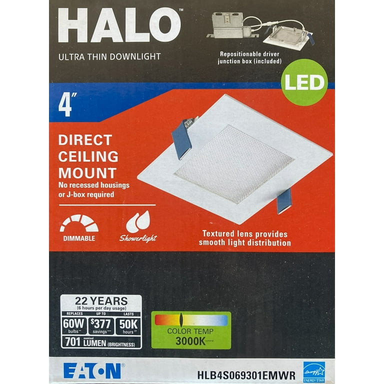 Halo HLB4S069301EMWR LED Ultra Thin Downlight 4 inch square Recessed Integrated LED Kit White Dimmable