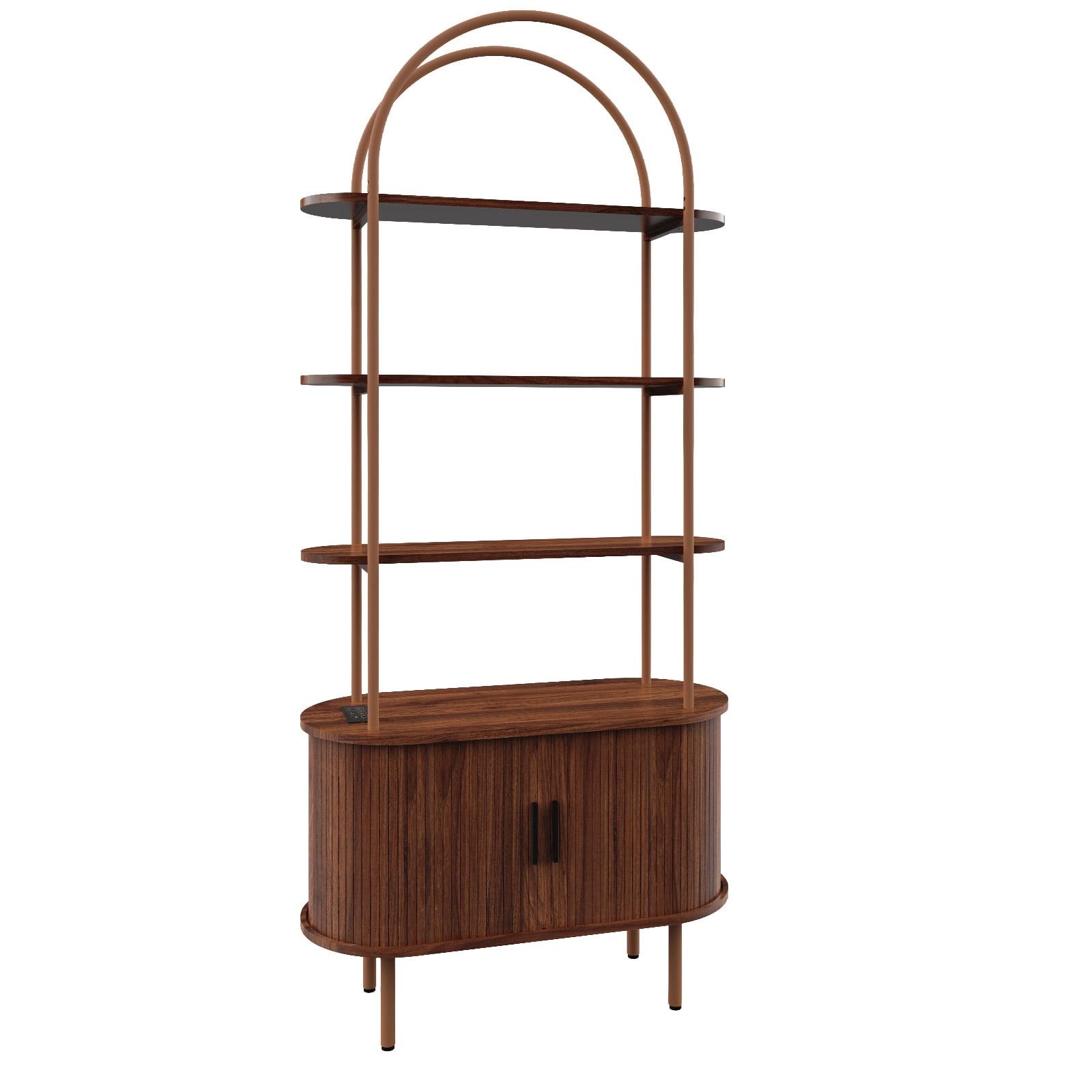Arched Ceiling + 4-Layer Open Shelving + Double-Door Roller Shutter Display Case Locker with Socket (1USB+1Type-C) & Melamine Veneer & Painted Iron Pipe, 31.5*13.78*70.87in, Walnut