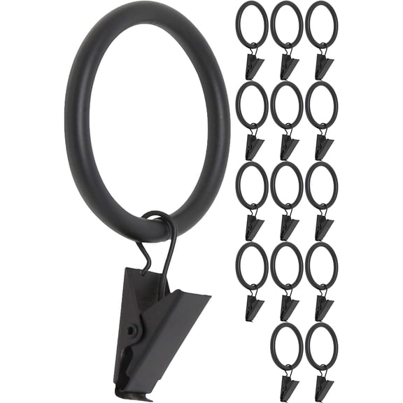 MERIVILLE Curtain Rings with Clips, Set of 14, 1.5" Inner Diameter, Fits Up to 1 1/4" Rod, Black