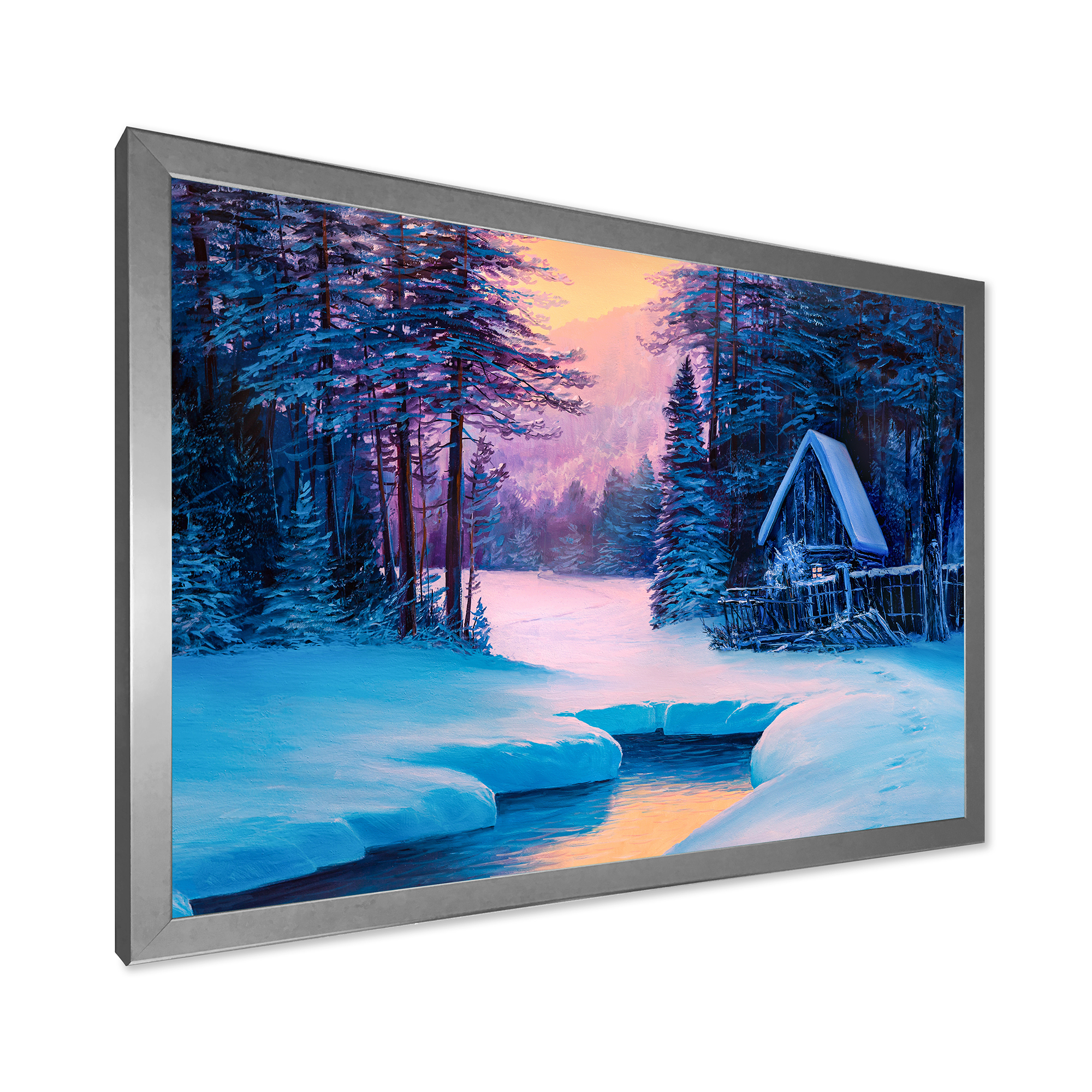 Designart 'The River House In The Woods and Winter Landscape II' Lake House Framed Art Print