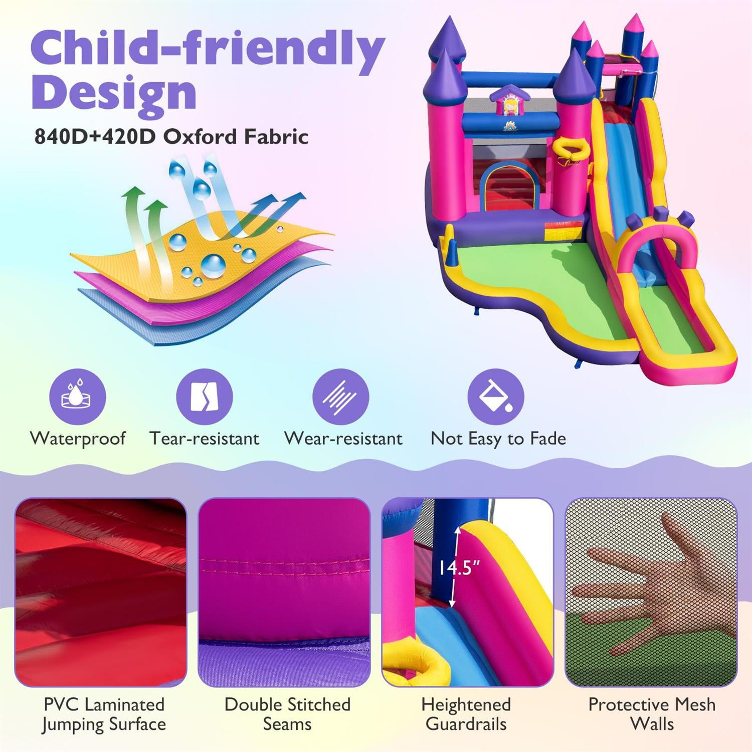 Spaco Princess-Themed Inflatable Water Slide, 680W Efficient Blower, Climbing Wall + Slide + Basketball Hoop, Magical Play Experience, Multicolor