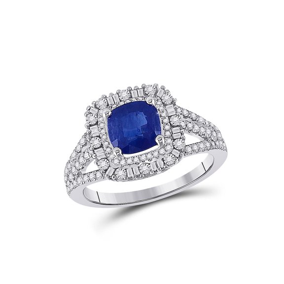 14kt White Gold Womens Cushion Blue Sapphire Diamond Halo Ring 2 Cttw