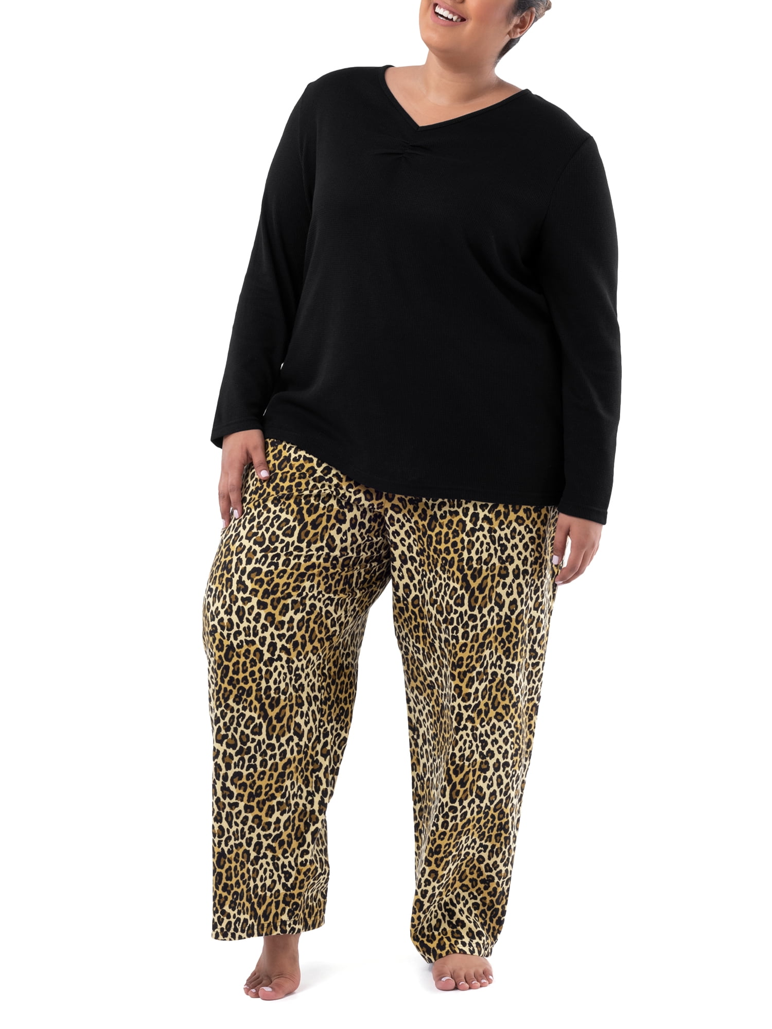 Fruit of the Loom Women's Beyond Soft Long Sleeve Waffle Top and Flannel Bottom Pajama Set, Sizes S-4X