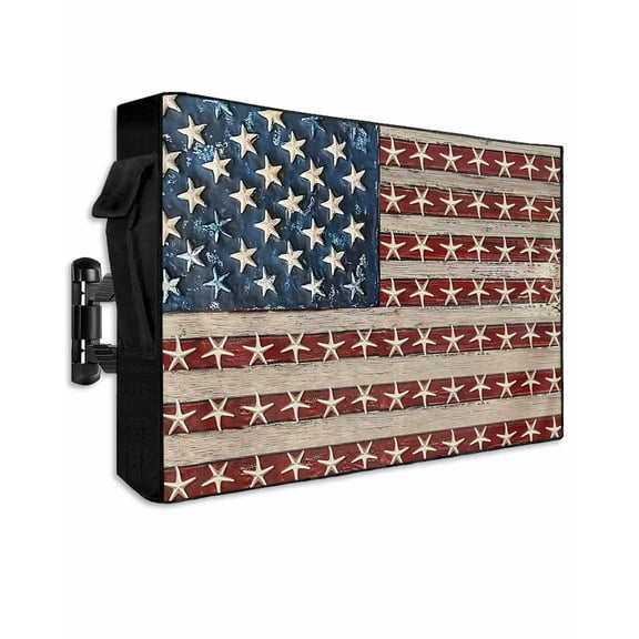 American Flag Outdoor TV Cover 30 to 32 Inch Weatherproof, Coastal Red White Starfish Vintage US Flag 600D Oxford TV Covers with Waterproof Zipper, Outside Flat TV Screen Protector 30"Wx19"Hx4.5"D