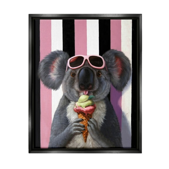 Stupell Industries Happy Koala Ice Cream Stripes Painting Jet Black Floating Framed Canvas Print Wall Art, Design by Lucia Heffernan